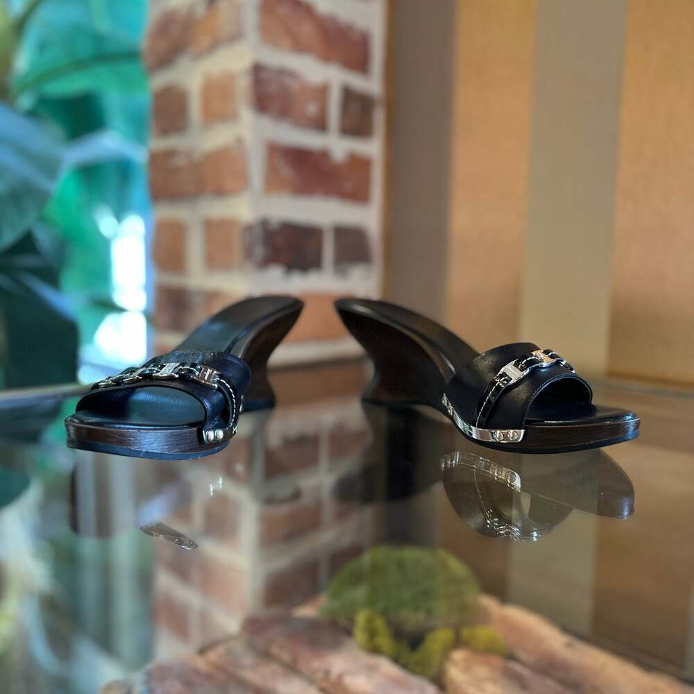 SALVATORE FERRAGAMO Black Leather Wooden Heels SZ 36.5 (US 6.5)